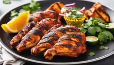 grilled chicken with cilantro and lime garnish on a black plate