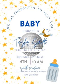 a baby shower party flyer with stars and a disco ball