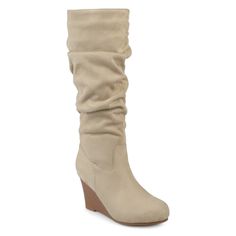 Show off stylish design in slouchy wedge boots by Journee Collection. These mid-calf boots are made with soft faux suede uppers with slouchy detail and an inside zipper. Stacked wedge heels provide attractive lift and round toes finish the style. At Journee Collection our boot styles will have your outfit looking even better than before. They will give you that finishing touch that will have your outfit looking straight out of a magazine. Womens Tall Boots, Vegan Leather Boots, Wide Calf, Fashion Heels, Wide Fit Boots, Journee Collection, Wedge Boots, Mid Calf Boots, Dress And Heels