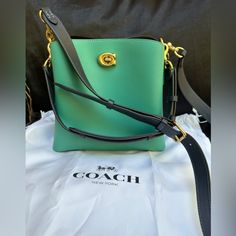 Beautiful Coach Willow Bucket Bag - Pebble Grain Leather With Detachable Straps. Can Be Worn On The Shoulder, With Crossbody Strap Or With Both Straps. Navy Strap And Interior. Nwt ***Shoes For Sale In Separate Listing Designer Green Bucket Bag For Travel, Elegant Green Bucket Bag With Adjustable Strap, Green Formal Bucket Bag With Detachable Handle, Green Formal Bucket Bag, Green Coach Shoulder Bag For Evening, Formal Green Bucket Bag With Removable Pouch, Formal Green Bucket Shoulder Bag, Coach Rectangular Bucket Bag With Detachable Strap, Designer Green Shoulder Bag For On-the-go