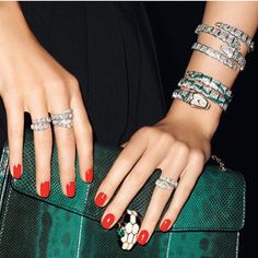 uh-la-la-land: Piton green Bulgari Serpenti Watch, Bulgari Jewelry, Rings And Bracelets, Bvlgari Serpenti, Sally Hansen, Arm Candy, Red Nails, Cartier