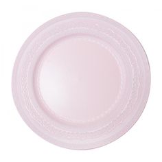 a pink plate with intricate designs on the rim is shown in front of a white background