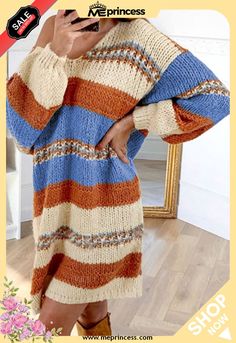 Multicolor Color Block Cable Knit Sweater Dress Casual Knitted Midi-length Sweater, Multicolor Winter Sweater Dress, Winter Multicolor Sweater Dress, Casual Multicolor Sweater Dress, Casual Striped Sweater Dress For Fall, Casual Acrylic Sweater Dress For Fall, Casual Fall Color Block Dresses, Multicolor Crew Neck Dress For Fall, Fall Multicolor Crew Neck Dress