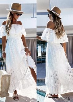 Sexy Strapless Off The Shoulder Boho White Lace Dress! The bohemian white maxi dress in lace is perfect for your next vacation. Thanks to its loose fit and lightweight materials, it's a great choice for hot summer days. The dress features a stunning V-neckline with lace accents. In the table below, you will find the dimensions of the dress. To know your size according to your measurements, click on Size Guide at the top right. Size Bust(cm) Length (cm) Waist (cm) S 87-90 108 59-62 M 91-94 110 63 White Summer Dress Long Beach, Bohemian Lace Dress, Beach White Dress, Casual Beach Wear, Cover Beachwear, White Beach, White Dresses For Women, White Dress Summer, White Maxi