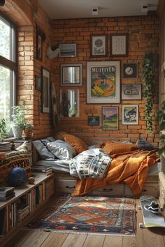 a bedroom with brick walls and lots of pictures on the wall