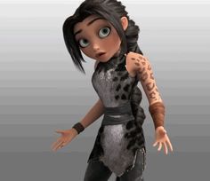 an animated character with black hair and tattoos on her arm, standing in front of a gray background