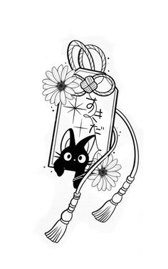 a black and white drawing of a cat with flowers