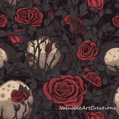 red roses and moon on black background with polka dot dots in the bottom right corner