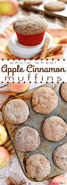 apple cinnamon muffins on a baking tray with apples and cinnamon sticks in the background