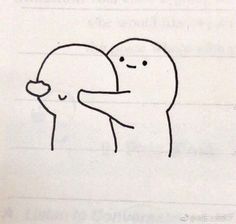 a drawing of two people hugging each other in front of a piece of lined paper