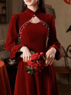 Qipao Dress Engagement Wedding Dress Women Wine Red Chinese Velvet Winter Red Long Sleeve Evening Dress, Chinese Neck Dress, Red Wine Wedding Dress, Red And Gold Wedding Dress, Party Dresses For Women Long, Bridal Dress Red, Chinese Bridal Dress, Qipao Wedding Dress, Red Cheongsam Dress