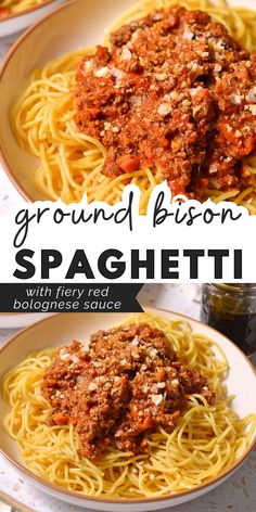 ground bison spaghetti with fettuccine sauce on a plate and in a bowl