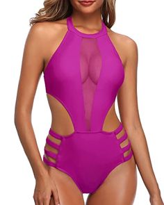 Swimwear Type: one piece Style: elegant, flattering, sexy Fabric: 82% nylon, 18% spandex Top Type: push up bra Closure: hook closure Neckline: high neck Back Style: low back Chest Pad: removable padded Color: hot pink Decoration: cut out, mesh, halter Bottom Style: high leg Garment Care: hand wash Hot Pink Decor, Flattering Bathing Suit, Mesh Swimsuit, Wine Red Color, Halter Swimwear, High Neck Halter, Spandex Top, Swimsuits Hot, Monokini Swimsuits