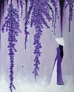 a painting of a woman in a purple dress and white hat standing under wistery vines