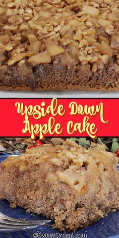 a close up of a cake on a plate with apples in the background and an upside down apple cake