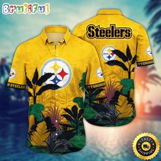 NFL Pittsburgh Steelers Hawaii Shirt Flower Hawaiian Style Statements The Hawaiian Shirt epitomizes laid-back style and vibrant charm. Made from lightweight, breathable fabric, these shirts boast colorful, tropical-inspired prints, showcasing exotic flowers, palm trees, and scenic landscapes. With their relaxed fit and short sleeves, they offer comfort in warm climates and a casual, beach-ready look. Perfect for various occasions, from casual gatherings to beach parties, these shirts infuse a pl Yellow Hawaiian Top With Graphic Print, Yellow Hawaiian Shirt With Graphic Print, Tropical All Over Print Tops For Beach Season, Yellow Hawaiian Printed Top, Yellow Printed Hawaiian Tops, Yellow Printed Tropical Shirt, Yellow Hawaiian Shirt For Vacation, Yellow Tropical Hawaiian Shirt For Vacation, Yellow Tropical Print Hawaiian Shirt For Vacation