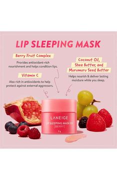 Description A leave-on lip mask that delivers ultra-hydrating and nourishing benefits, kissing flakey chapped lips goodbye!! This iconic, fan-fave pout perfector is a special intensive-care mask for lips. With nourishing Berry Fruit Complex™, Murumuru seed and Shea butter, this hydrating lip mask delivers intense moisture and antioxidants while you sleep for visibly smoother, baby-soft lips in the AM. BENEFITSBerry Fruit Complex™: Rich in antioxidants to help reveal smooth and supple looking lip Eyelash Brands, Eyebrow Mascara, Laneige Lip, Soap Gift Set, Laneige Lip Sleeping Mask, Berry Fruit, Body Moisturizers, The Face Shop, Lip Sleeping Mask