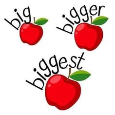 three red apples with green leaves on them and the words big, bigger, biggest