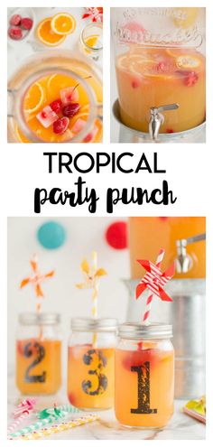 tropical party punch with oranges and strawberries in mason jars