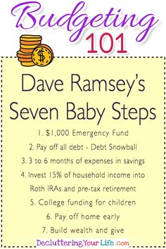 a sign that says budgeting 101, with the words save ramsey's seven baby steps