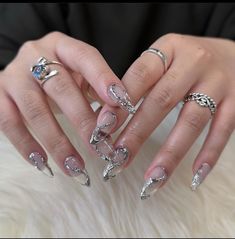 Funky Almond Nails, Nail Long Almond, Silver Chrome Nails, Heavenly Nails, Hard Gel Nails, Plain Nails, Asian Nails, Hello Nails, Edgy Nails