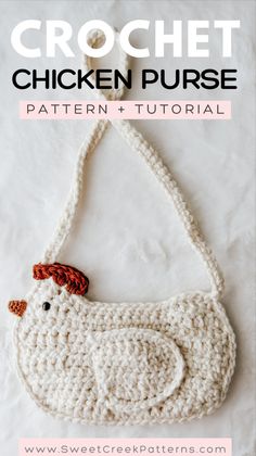 the crochet chicken purse is shown with text overlay that reads, how to crochet chicken purse pattern + video