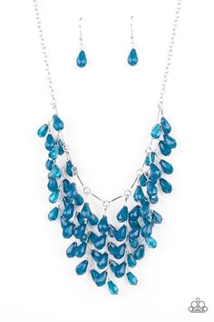 A shimmery collection of opaque and clear crystal-like Mykonos Blue teardrop beads delicately cluster along a linked strand of silver bars, creating an ethereally leafy fringe below the collar. Features an adjustable clasp closure.

 Sold as one individual necklace. Includes one pair of matching earrings. Mykonos Blue, Fringe Necklace, Cluster Necklace, Teardrop Beads, Teardrop Necklace, Paparazzi Accessories, Blue Jewelry, Silver Bars, Blue Necklace