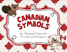 the canadian symbols are displayed in front of red and white maple leaf background with an image of two dogs