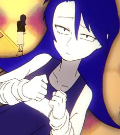 an animated image of a woman with blue hair