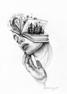 a drawing of a woman's face with books on her head and trees growing out of the book