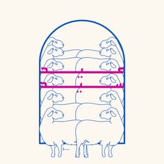 three sheep are standing in front of an arched window with red lines on the sides