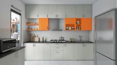 an orange and white kitchen is shown in this 3d image, it appears to be very modern