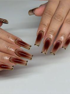 Aura Nails Fall Colors, Brown Airbrush Nails, Fall Nails 2024 Square, Brown Jelly Nails, Brown Aura Nails, Fall Aura Nails, Dark Orange Nails, Fall Nail Inspo Coffin, Orange Aura Nails