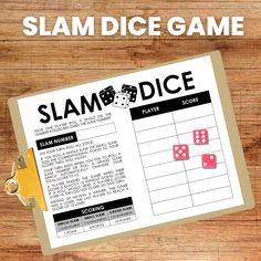 the slam dice game is on top of a piece of paper next to some dice