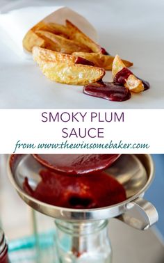 smoky plum sauce in a silver serving dish with french fries and cranberry sauce