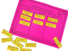 a pink bulletin board with sticky notes on it