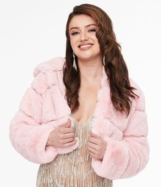 Pink Faux Fur Puffer Crop Jacket - Unique Vintage - Womens, TOPS, OUTERWEAR Trendy Pink Fluffy Outerwear, Pink Fuzzy Cropped Cardigan, Pink Faux Fur Cropped Jacket, Winter Pink Fluffy Fur Coat, Fluffy Mink-colored Long Sleeve Outerwear, Trendy Jackets, Pink Faux Fur, Crop Jacket, High Waist Jeans