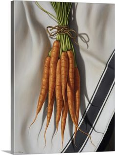 a painting of carrots on a white cloth with green stems hanging from the top