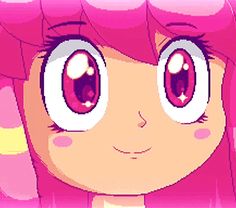 an anime character with pink hair and big eyes