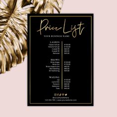 a black and gold palm leaf price list on a pink background with the words, princess list