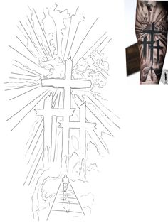 a drawing of a cross with rays coming out of it and an image of a person holding