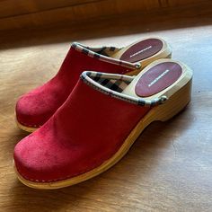 Burberry Suede (Red) With Print Trim Never Worn Red Closed Toe Clogs With Cushioned Footbed, Red Clogs With Wooden Heel And Round Toe, Casual Red Mules With Wooden Heel, Red Mules With Wooden Heel And Round Toe, Red Clogs, Burberry Shoes, Mule Clogs, Mules Shoes, Clogs