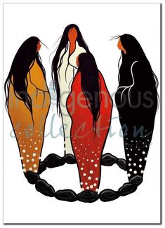 three women standing next to each other in front of a white background with black and orange designs