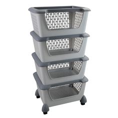 three plastic storage containers stacked on top of each other with wheels and handles in grey