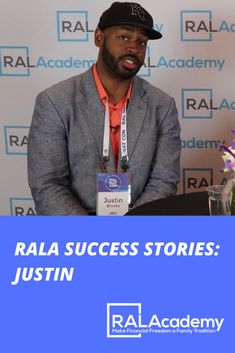 a man sitting at a table in front of a microphone with the words rala success stories