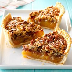 three pieces of pecan pie on a plate with the title text texas pecan pie