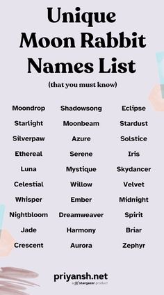 the unique moon rabbit names list is shown in black and white, with different colors