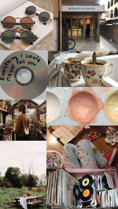 collage of photos with various items including sunglasses, books and cd in the foreground