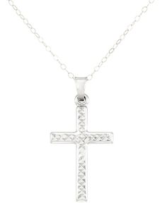 Light-capturing texture adds bold definition to this beautiful cross pendant necklace. White Gold Crucifix With Diamond Cut, Sterling Silver Cross Necklace With Diamond Cut, Sterling Silver Diamond Cut Cross Pendant Necklace, Sterling Silver Diamond Cut Pendant Cross Necklace, Sterling Silver Diamond Cut Cross Necklace, White Gold Diamond Cut Crucifix Jewelry, White Gold Diamond-cut Crucifix Jewelry, Diamond Cut Cross Pendant Necklace, Silver Crucifix Necklace With Diamond Cut