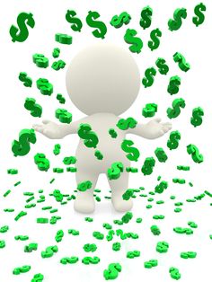 a person surrounded by green dollar signs